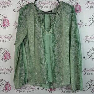 Rose & Olive long sleeve beaded studded neck Snakeskin Patterned Green Blouse